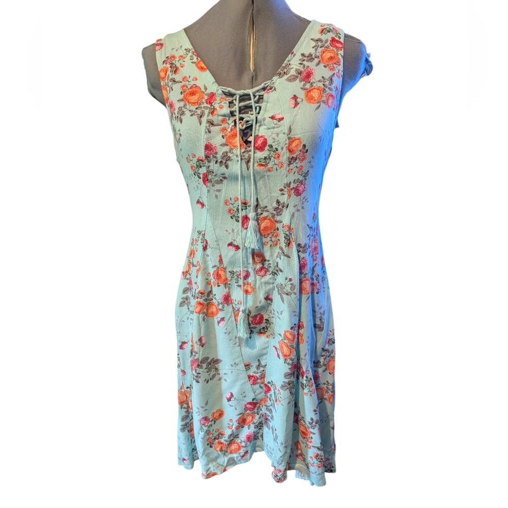 Paperdoll Blue Floral‎ Print Women's Scoop Neck Sleeveless Sun Dress Size Medium
